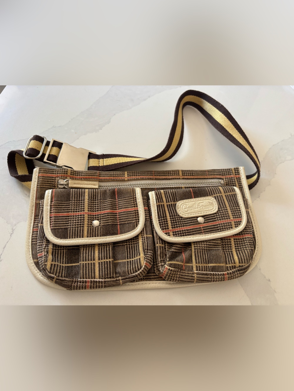 Vintage Gentle Fawn Brown Plaid Belt Bag with Cream Trim